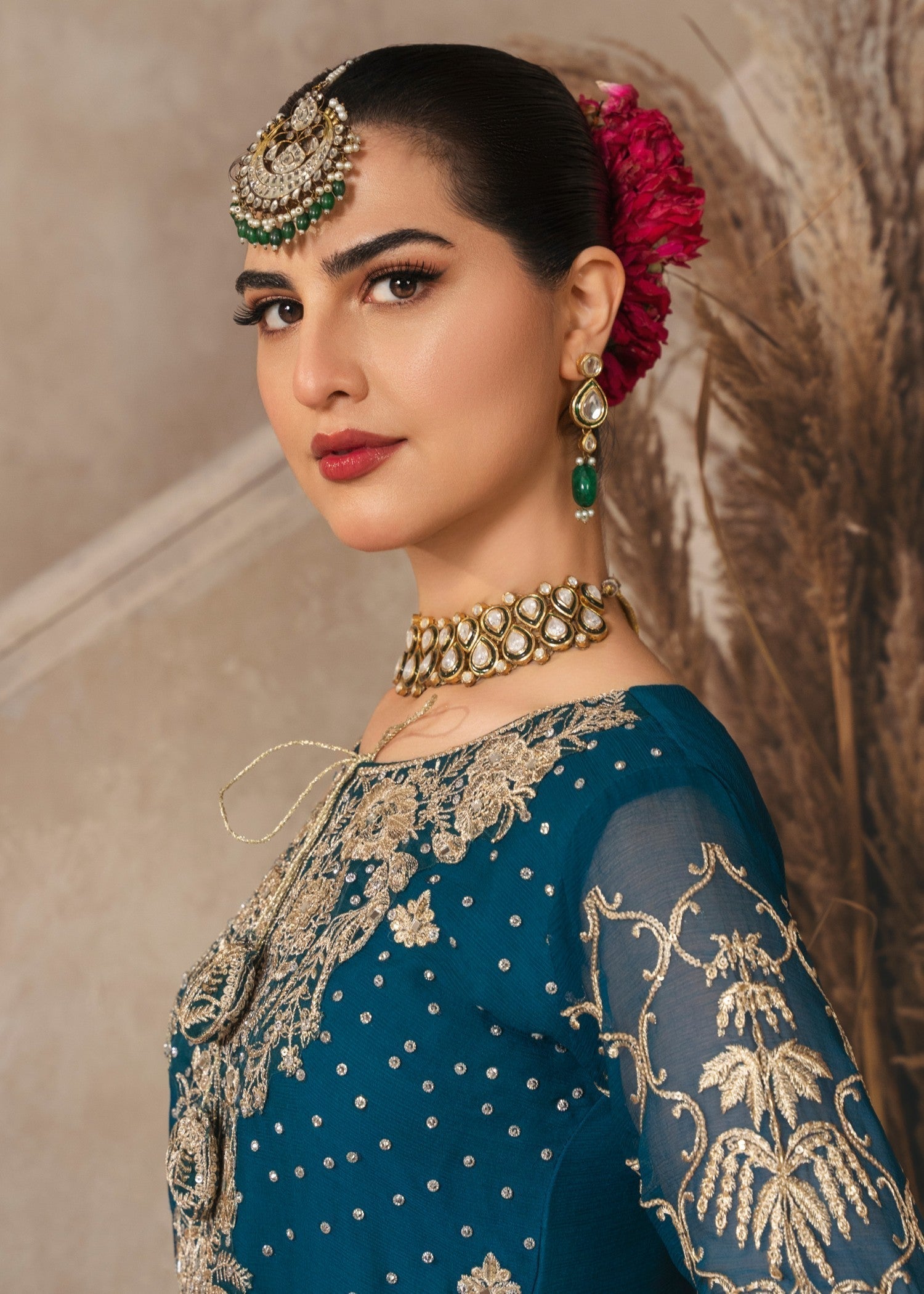 Pakistani Teal Embroidered Chiffon Gharara Set (3-Piece) - Image 3