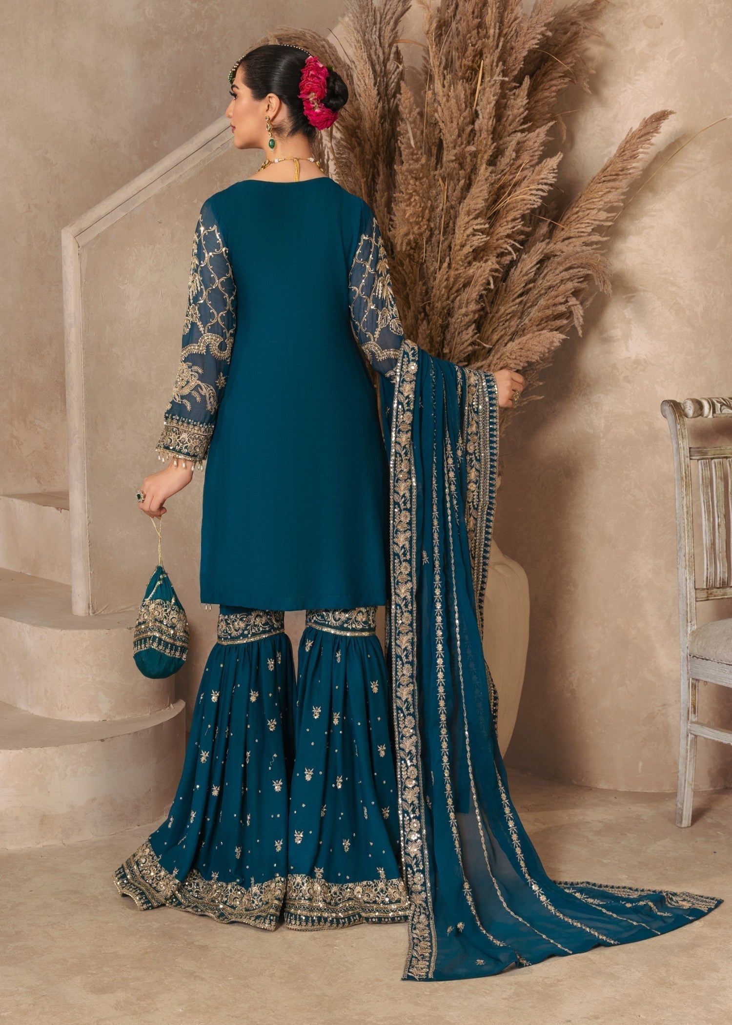 Pakistani Teal Embroidered Chiffon Gharara Set (3-Piece) - Image 4