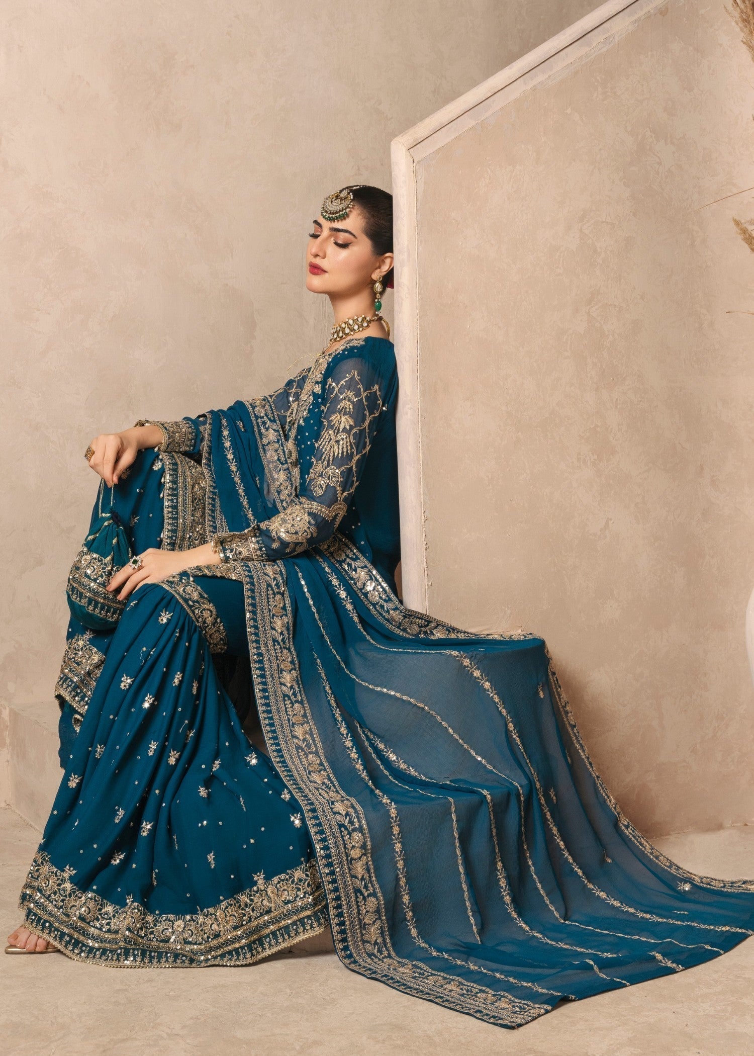 Pakistani Teal Embroidered Chiffon Gharara Set (3-Piece) - Image 5