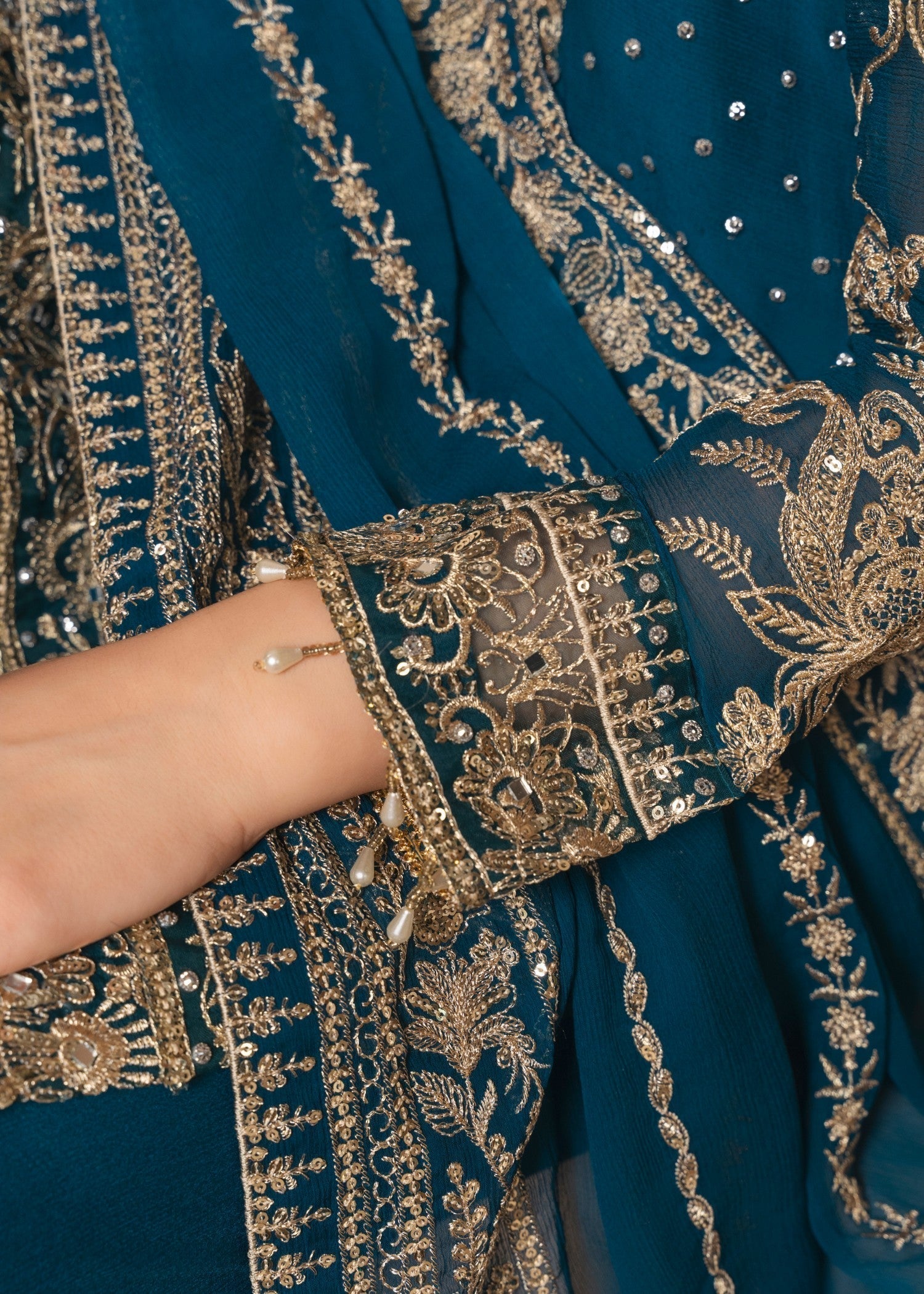 Pakistani Teal Embroidered Chiffon Gharara Set (3-Piece) - Image 6