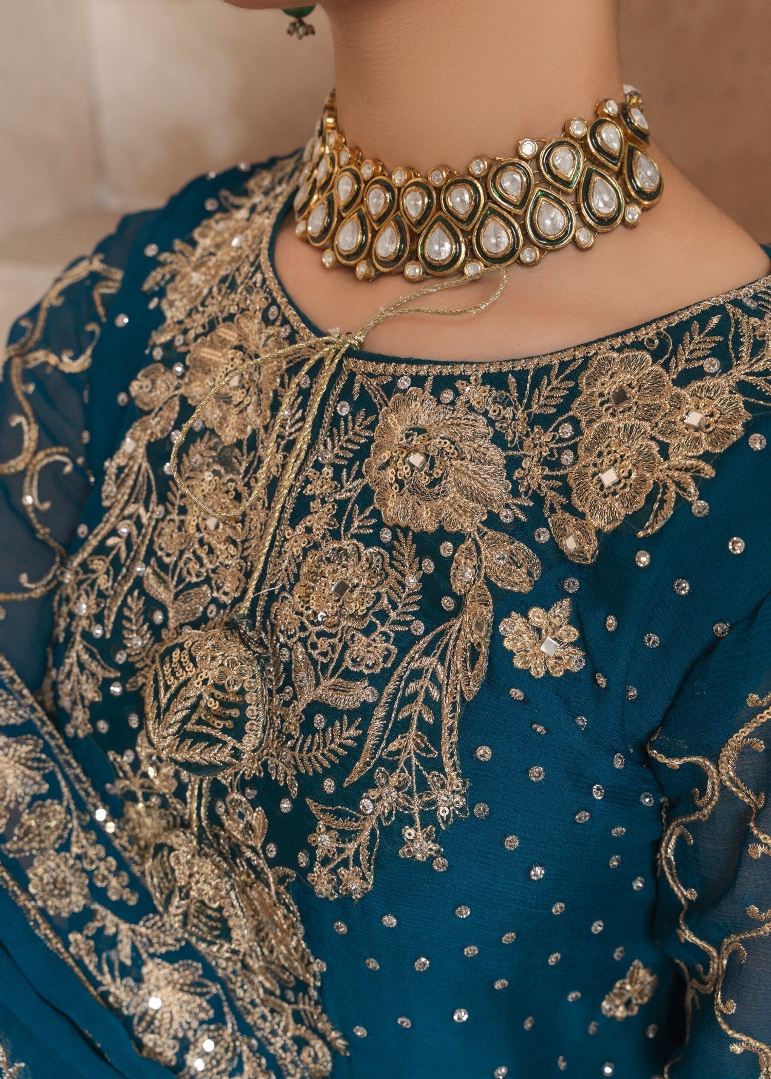 Pakistani Teal Embroidered Chiffon Gharara Set (3-Piece) - Image 7