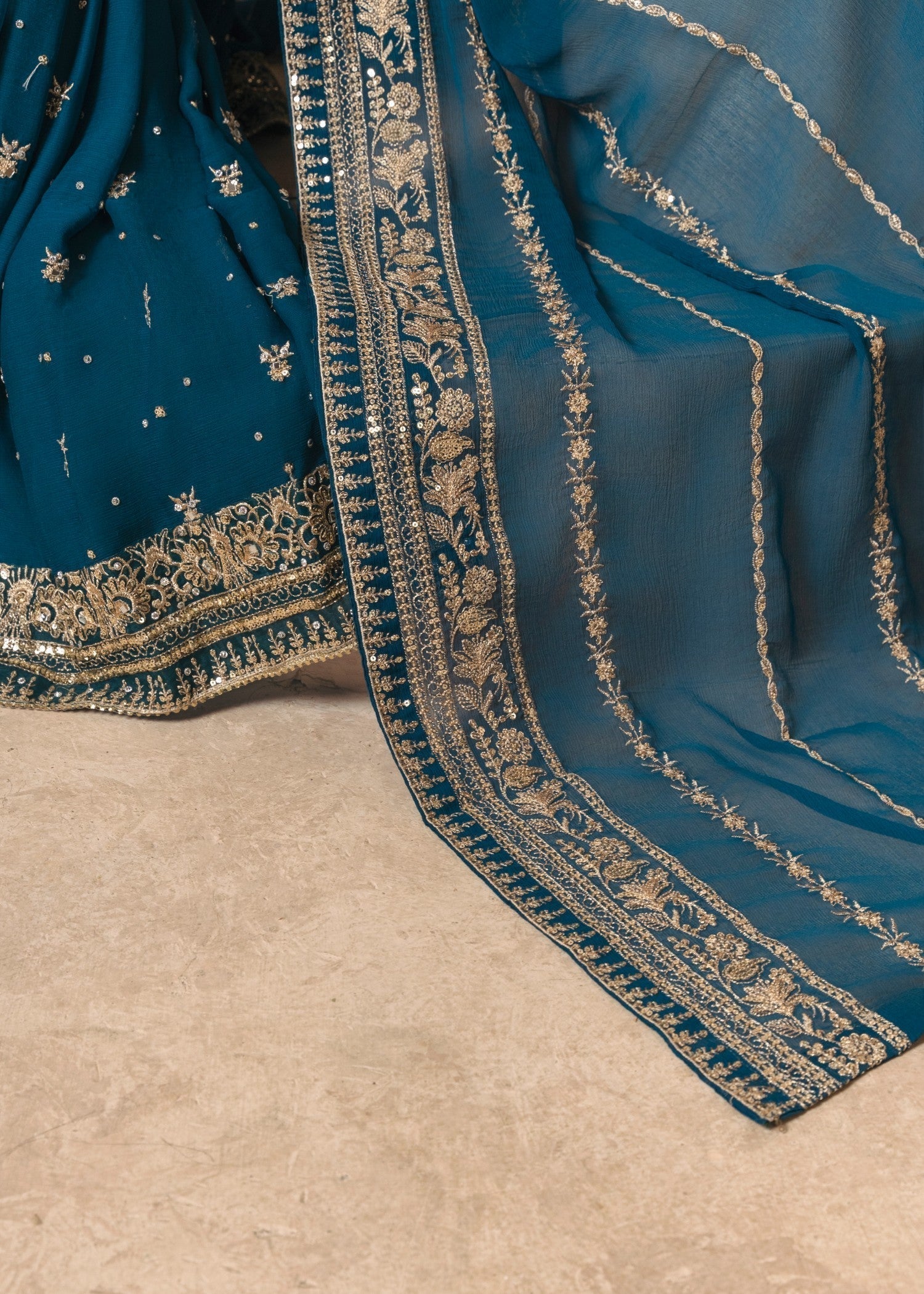 Pakistani Teal Embroidered Chiffon Gharara Set (3-Piece) - Image 8