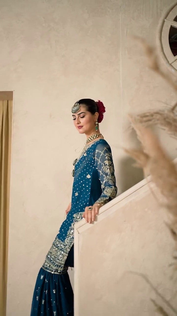 Pakistani Teal Embroidered Chiffon Gharara Set (3-Piece) - Image 9