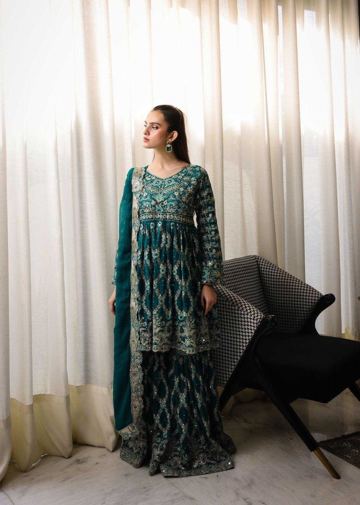 Pakistani Teal Embroidered Chiffon Peplum Frock with Gharara (3-Piece) - Image 1