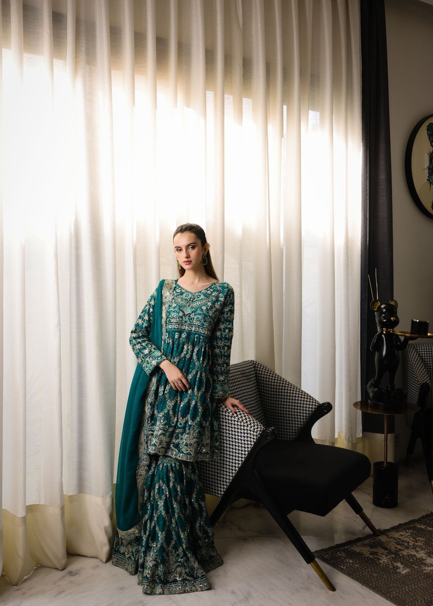 Pakistani Teal Embroidered Chiffon Peplum Frock with Gharara (3-Piece) - Image 2