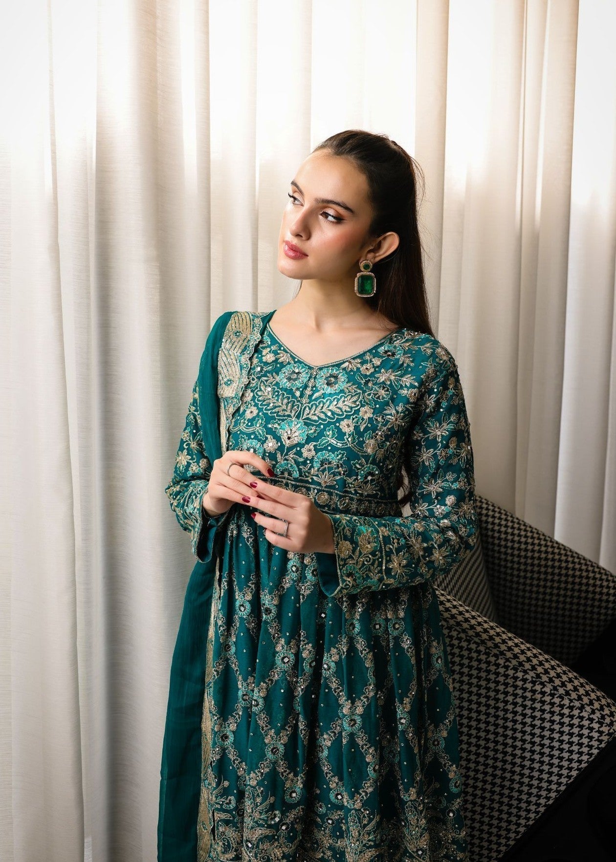 Pakistani Teal Embroidered Chiffon Peplum Frock with Gharara (3-Piece) - Image 3