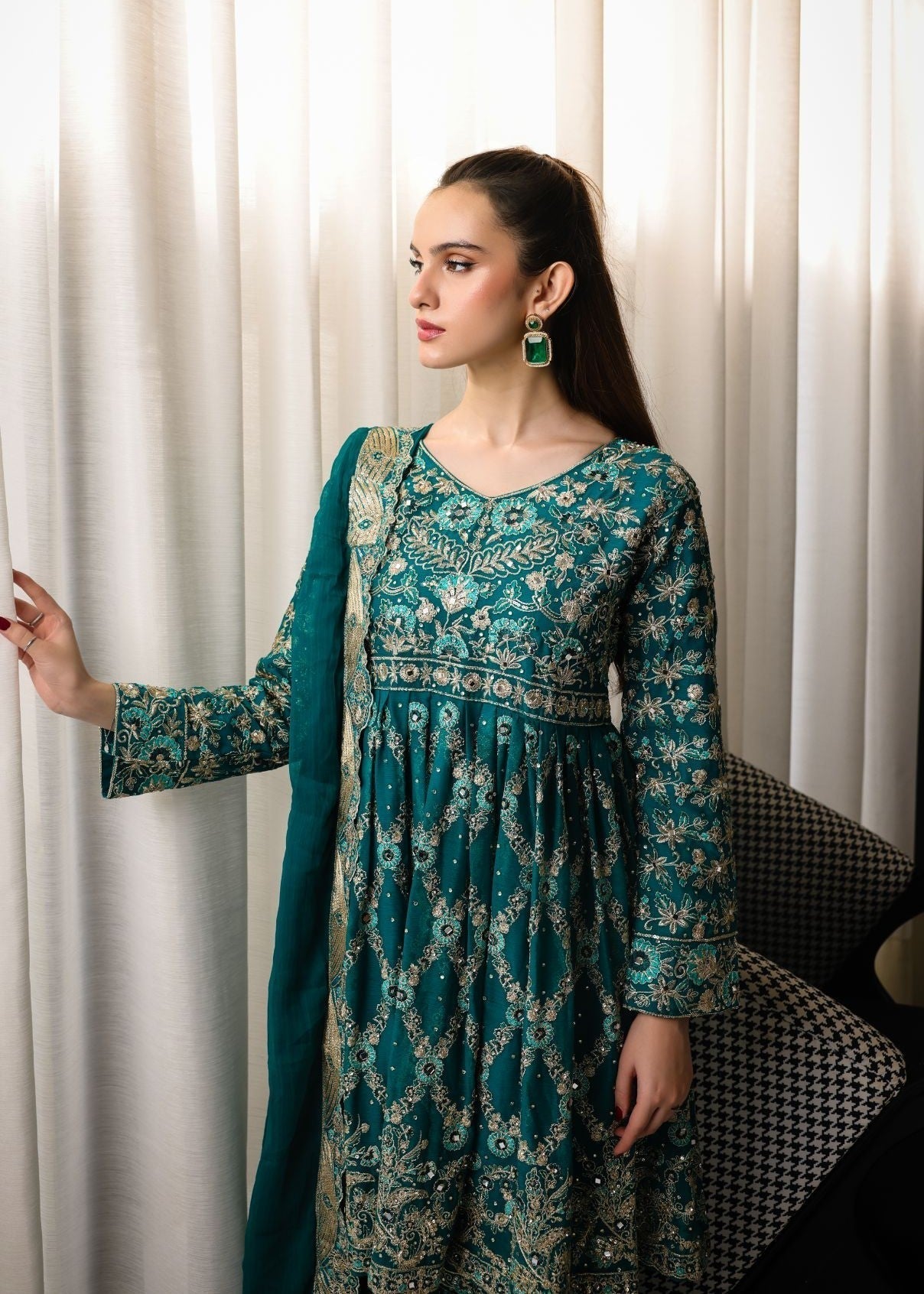 Pakistani Teal Embroidered Chiffon Peplum Frock with Gharara (3-Piece) - Image 4