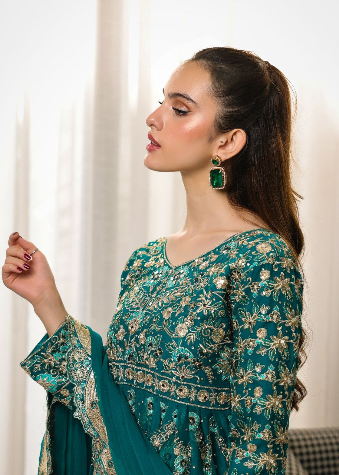 Pakistani Teal Embroidered Chiffon Peplum Frock with Gharara (3-Piece) - Image 6