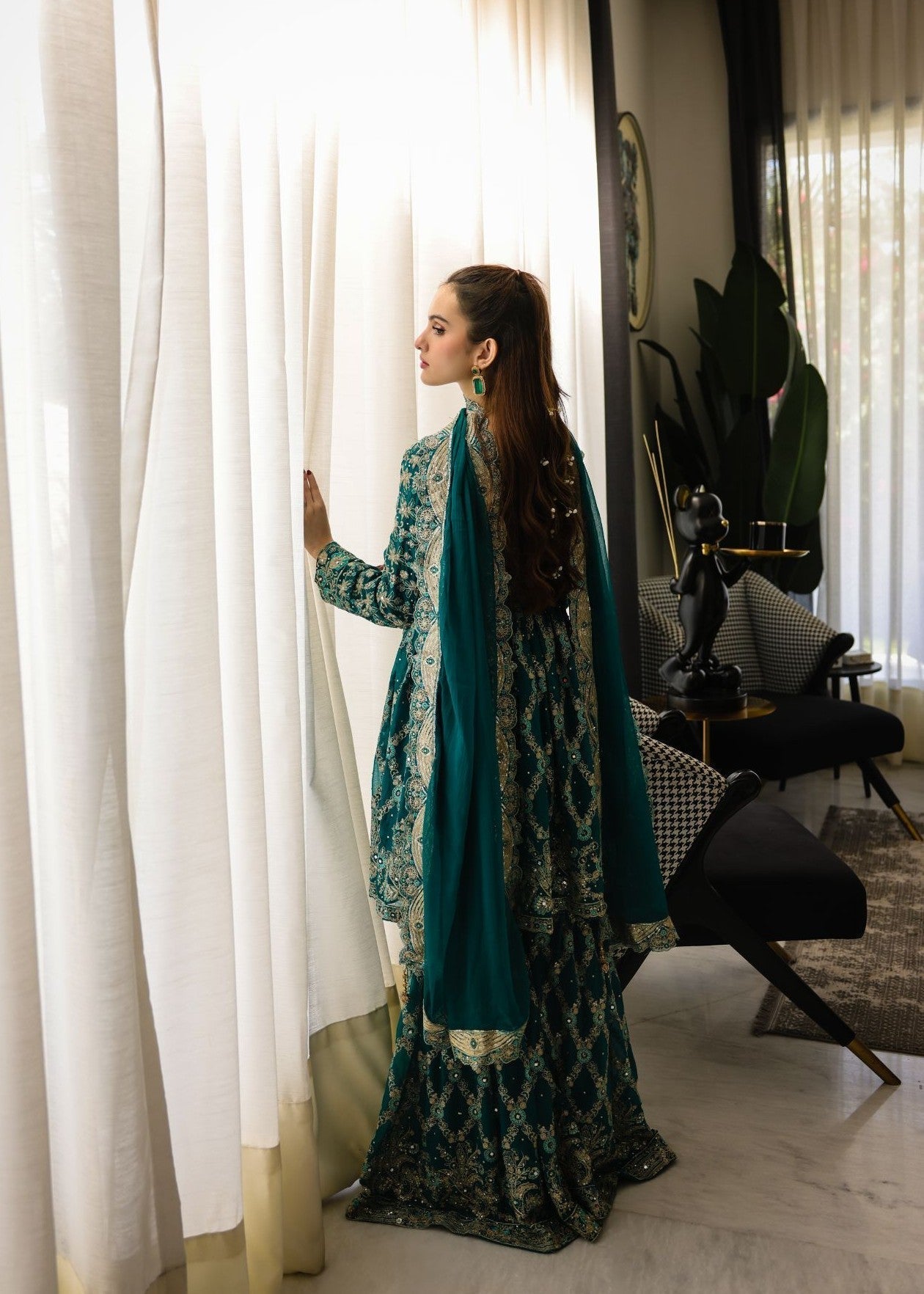 Pakistani Teal Embroidered Chiffon Peplum Frock with Gharara (3-Piece) - Image 7