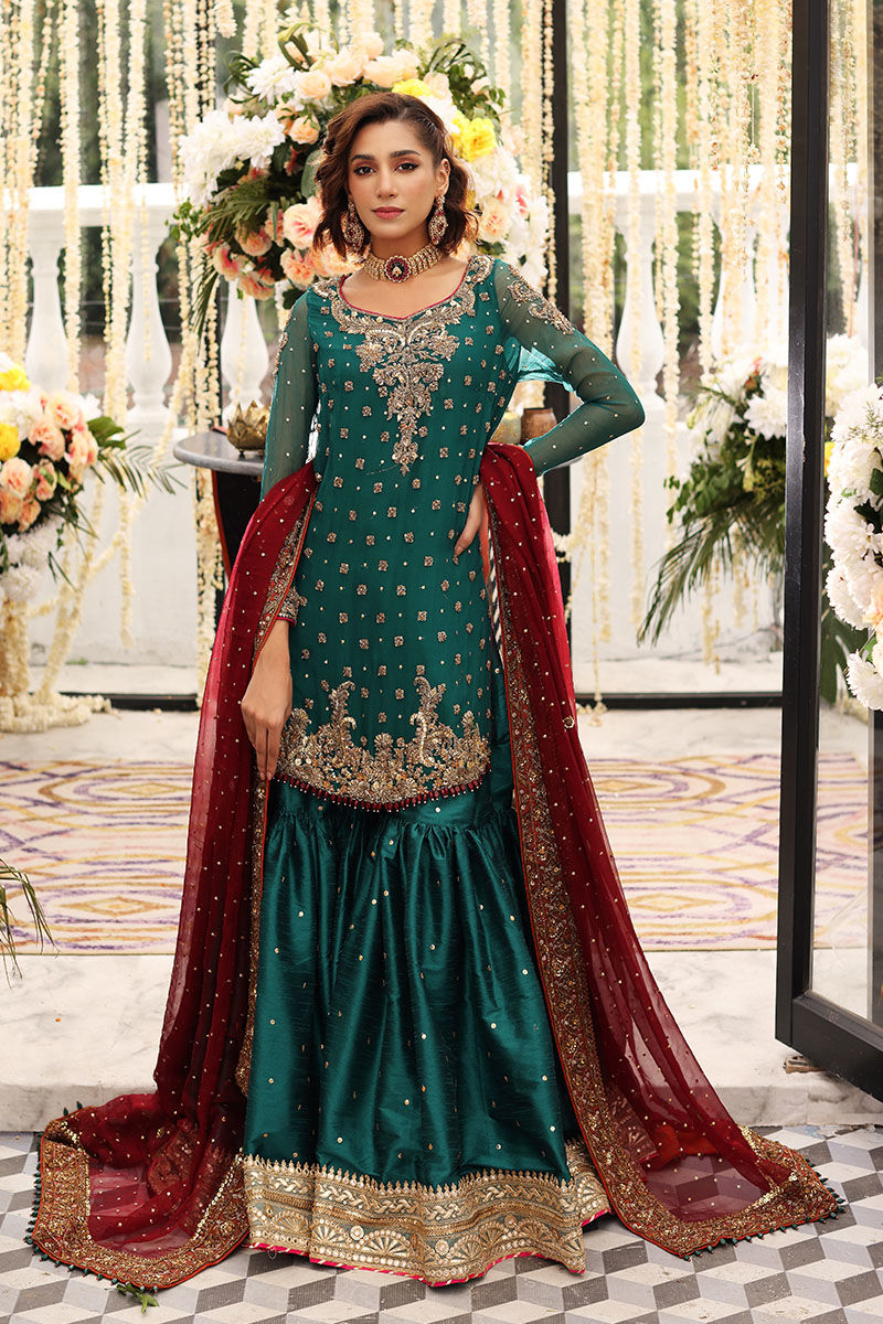 Pakistani Teal Green Zardozi Chiffon Shirt & Silk Gharara (3-Piece) - Image 1