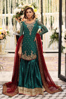 Pakistani Teal Green Zardozi Chiffon Shirt & Silk Gharara (3-Piece) - Image 2