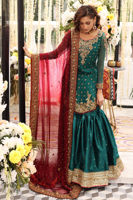 Pakistani Teal Green Zardozi Chiffon Shirt & Silk Gharara (3-Piece) - Image 3
