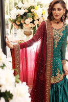 Pakistani Teal Green Zardozi Chiffon Shirt & Silk Gharara (3-Piece) - Image 4