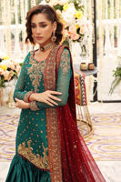 Pakistani Teal Green Zardozi Chiffon Shirt & Silk Gharara (3-Piece) - Image 5