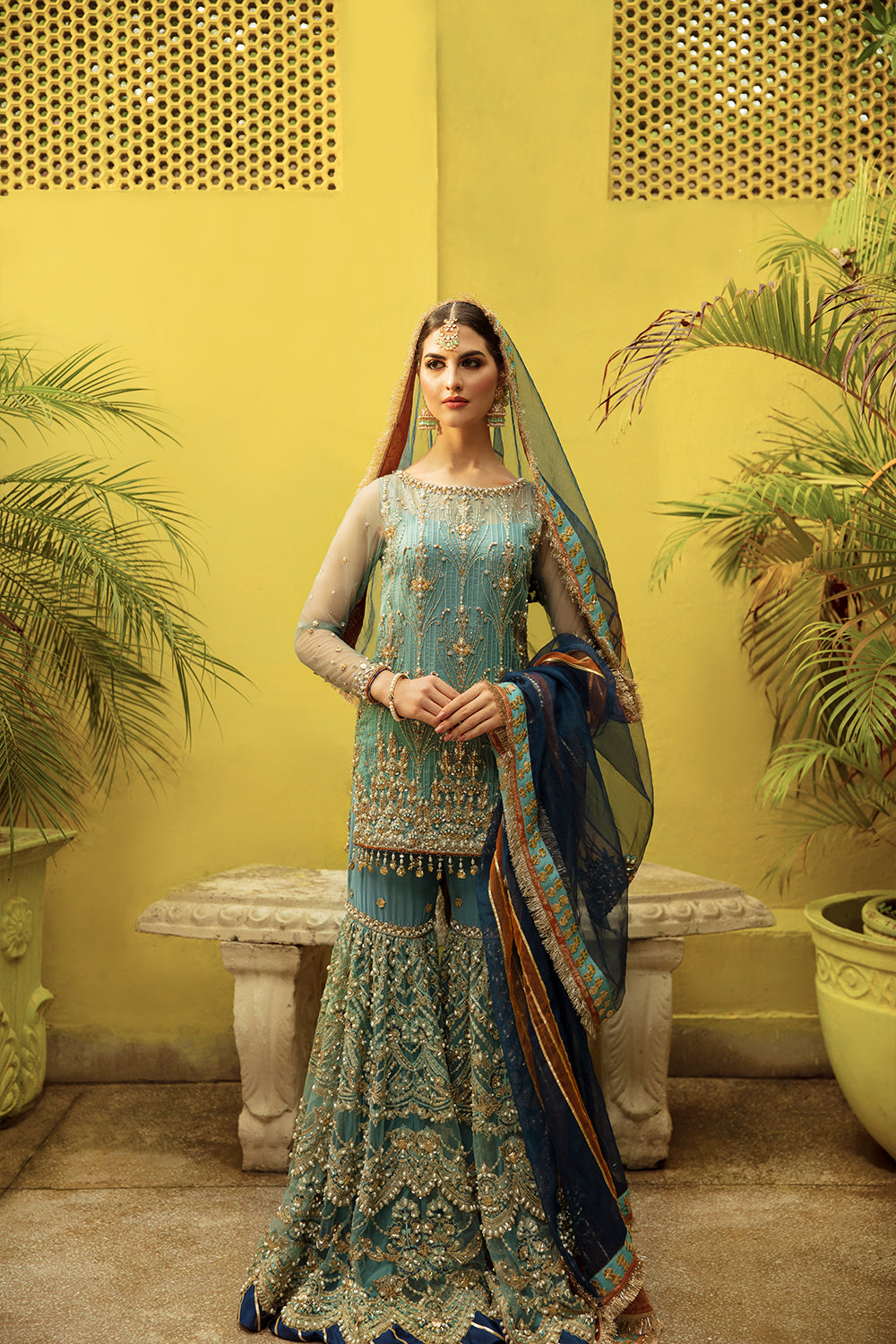 Pakistani Teal Embroidered Net Gharara Set (3-Piece) - Image 1