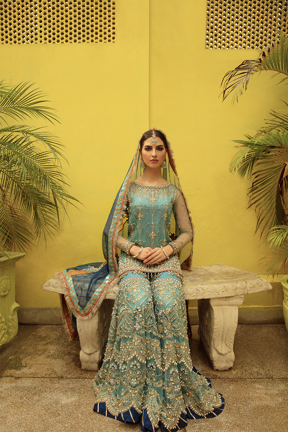 Pakistani Teal Embroidered Net Gharara Set (3-Piece) - Image 2