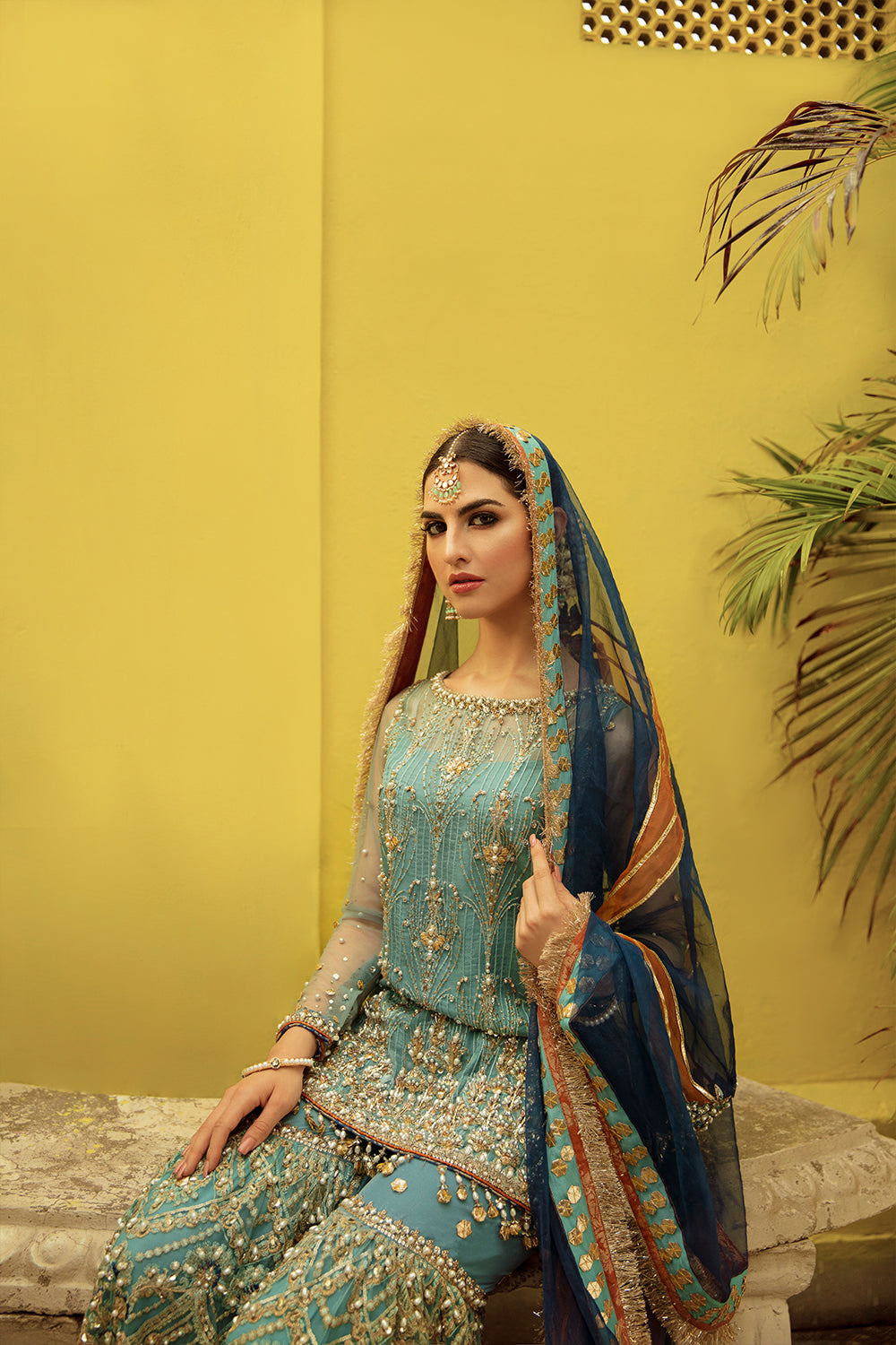 Pakistani Teal Embroidered Net Gharara Set (3-Piece) - Image 3