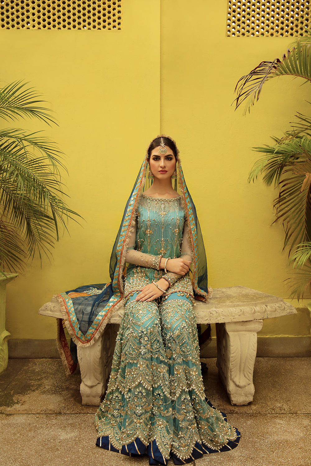 Pakistani Teal Embroidered Net Gharara Set (3-Piece) - Image 6