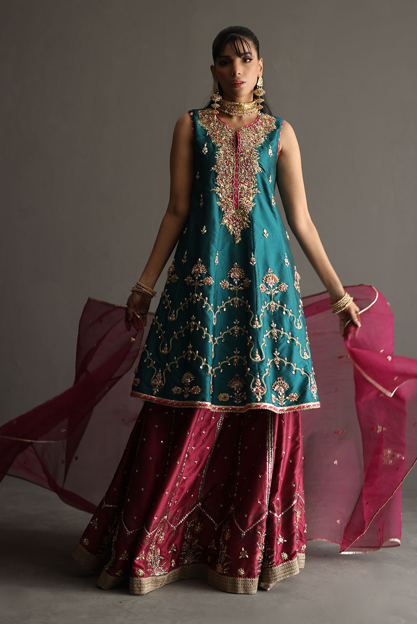Pakistani Teal Zardozi Raw Silk Gharara Set (3-Piece)