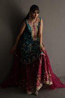 Pakistani Teal Zardozi Raw Silk Gharara Set (3-Piece) - Image 3