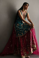 Pakistani Teal Zardozi Raw Silk Gharara Set (3-Piece) - Image 5