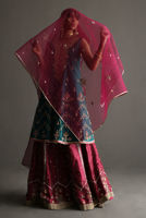 Pakistani Teal Zardozi Raw Silk Gharara Set (3-Piece) - Image 7