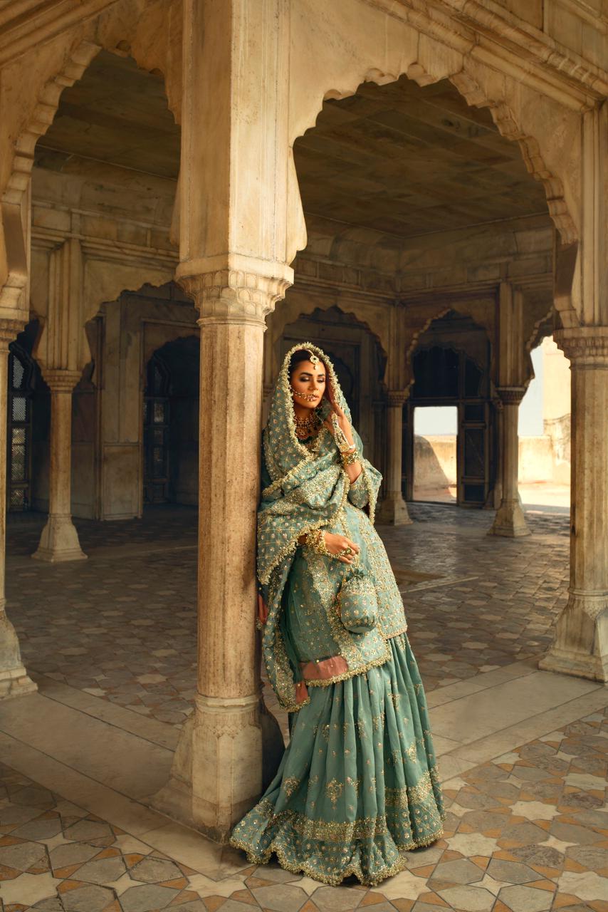 Pakistani Teal Zardozi Embellished Silk Bridal Gharara (3-Piece) - Image 1