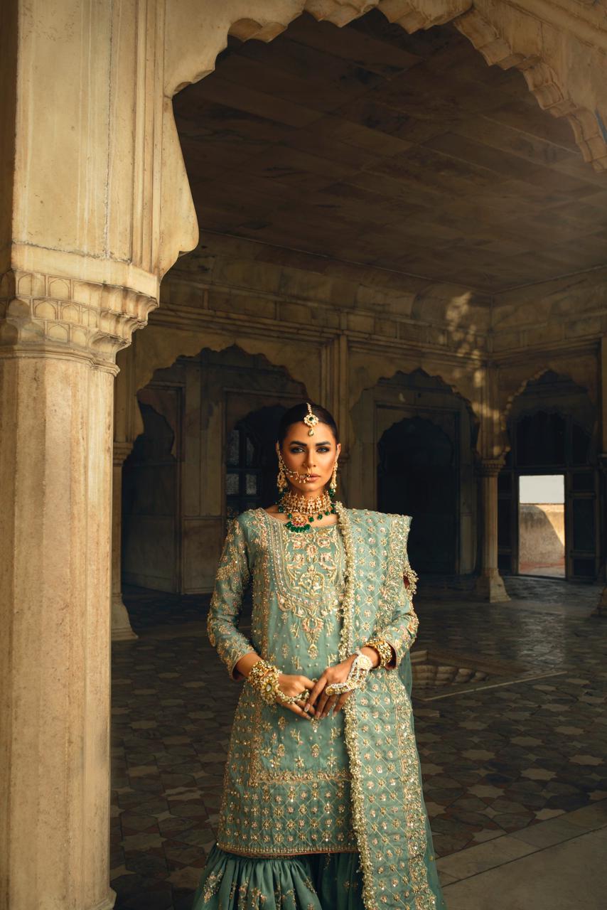 Pakistani Teal Zardozi Embellished Silk Bridal Gharara (3-Piece) - Image 2