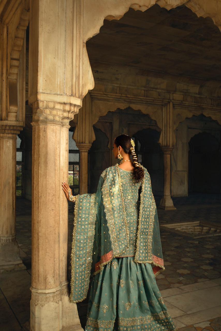 Pakistani Teal Zardozi Embellished Silk Bridal Gharara (3-Piece) - Image 3