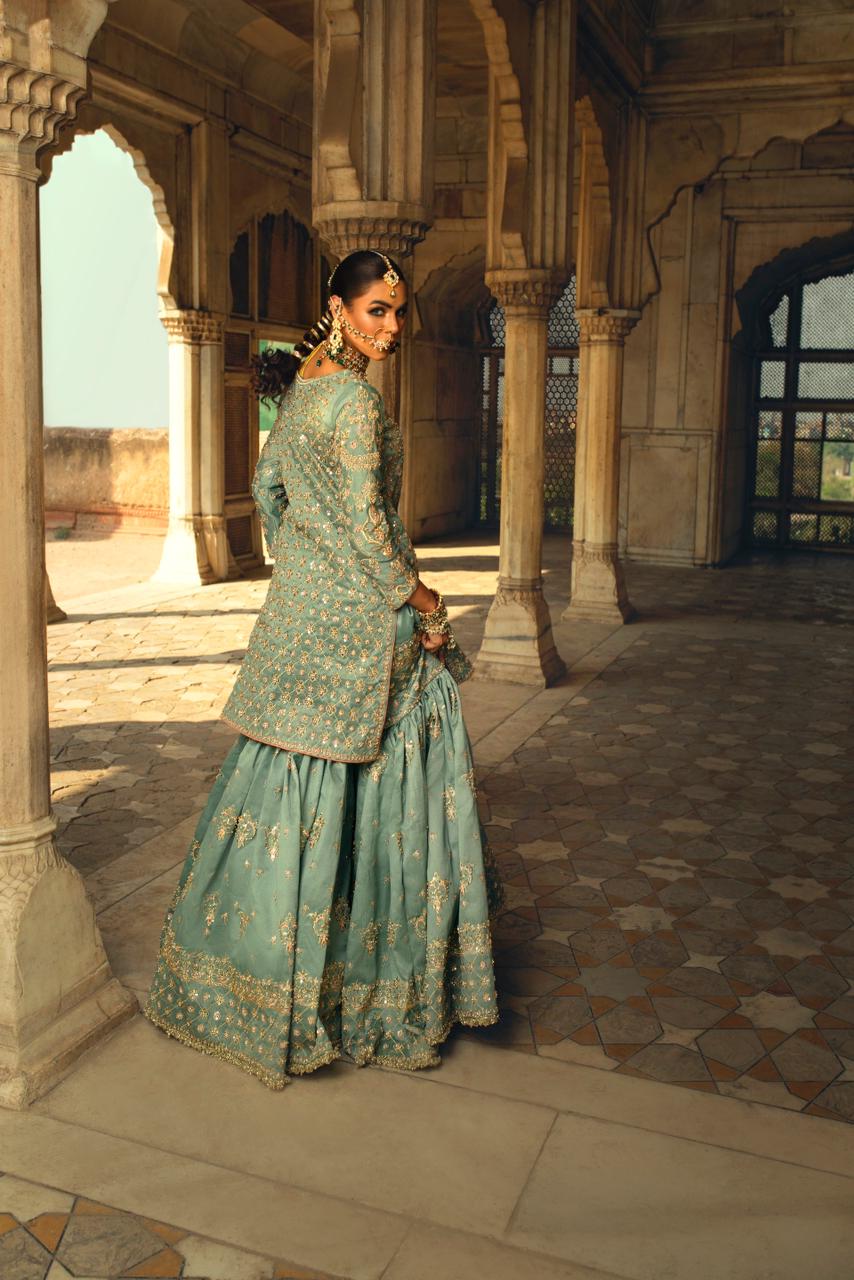 Pakistani Teal Zardozi Embellished Silk Bridal Gharara (3-Piece) - Image 4