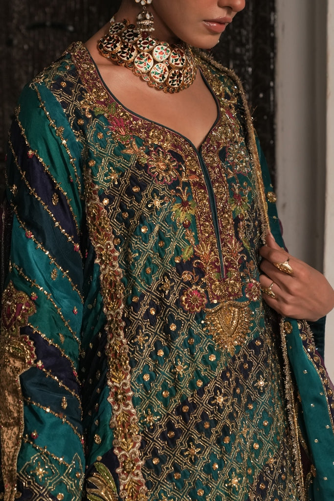 Pakistani Teal & Ink Blue Embroidered Silk Gharara (3-Piece) - Image 1
