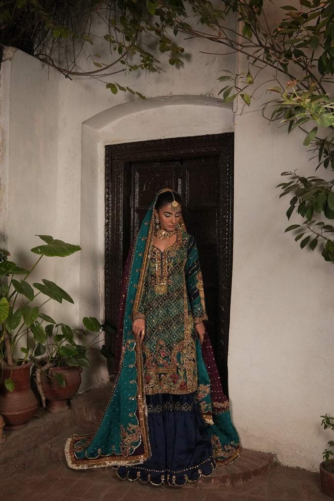 Pakistani Teal & Ink Blue Embroidered Silk Gharara (3-Piece) - Image 3