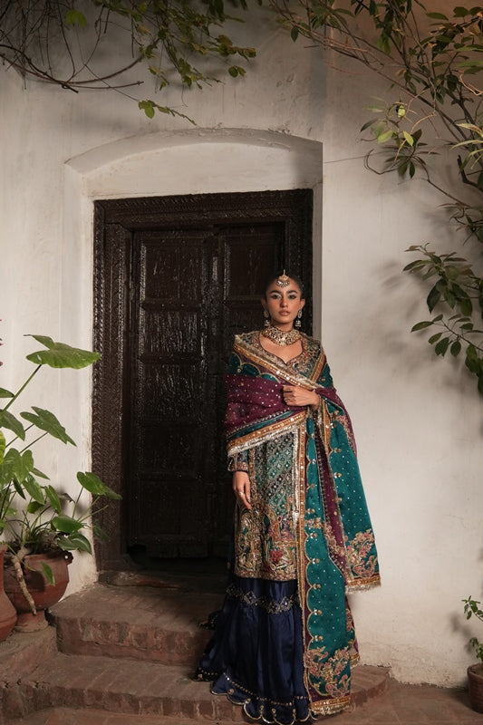 Pakistani Teal & Ink Blue Embroidered Silk Gharara (3-Piece) - Image 4