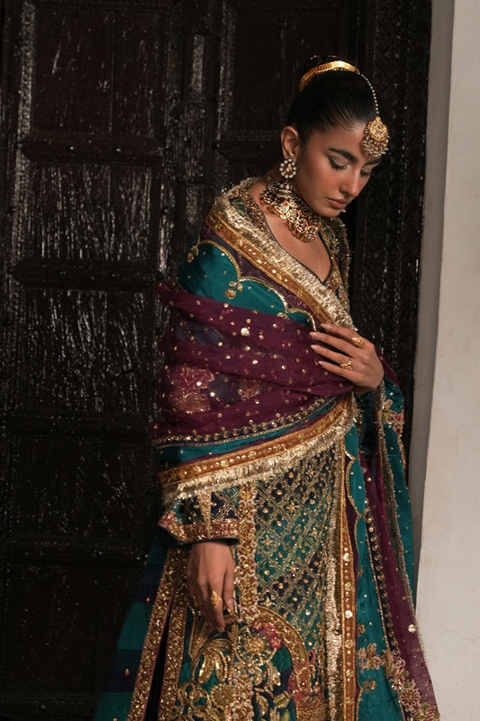 Pakistani Teal & Ink Blue Embroidered Silk Gharara (3-Piece) - Image 5