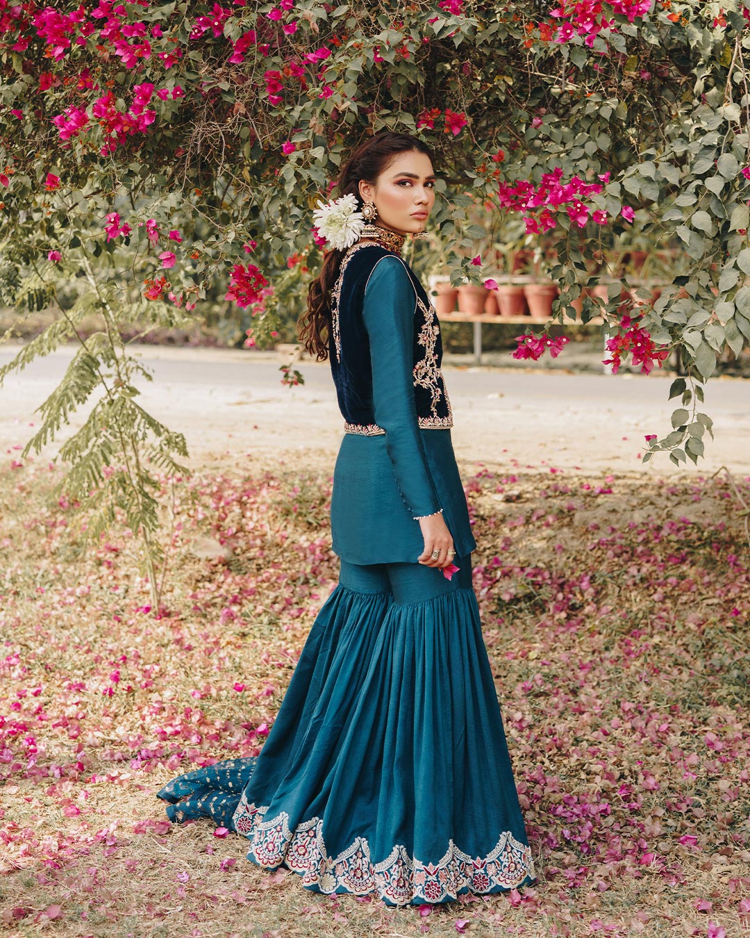 Teal Blue Embroidered Velvet & Silk Gharara (3-Piece) - Image 2