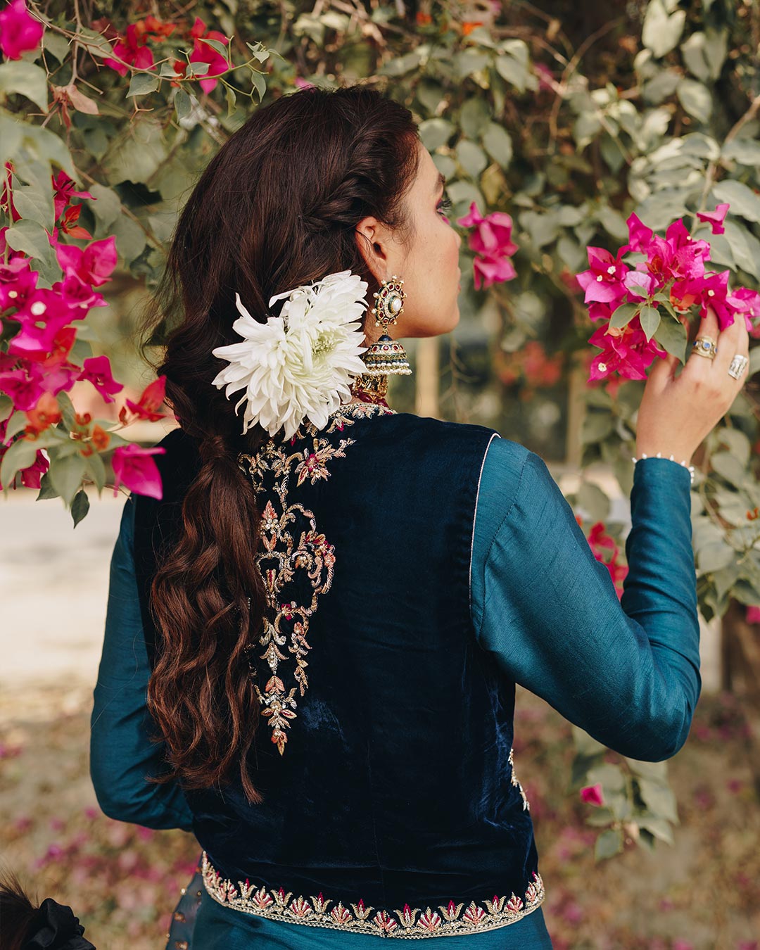 Teal Blue Embroidered Velvet & Silk Gharara (3-Piece) - Image 4