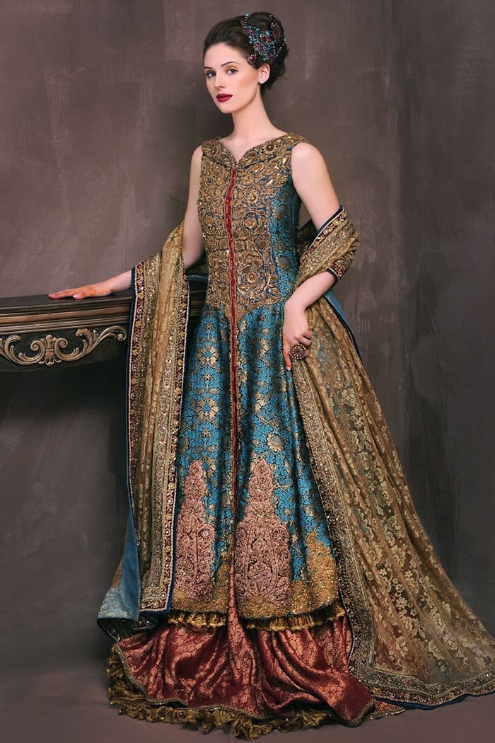 Pakistani Teal Maroon Embroidered Brocade Bridal Gown (2-Piece) - Image 1