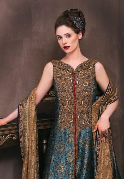 Pakistani Teal Maroon Embroidered Brocade Bridal Gown (2-Piece) - Image 2