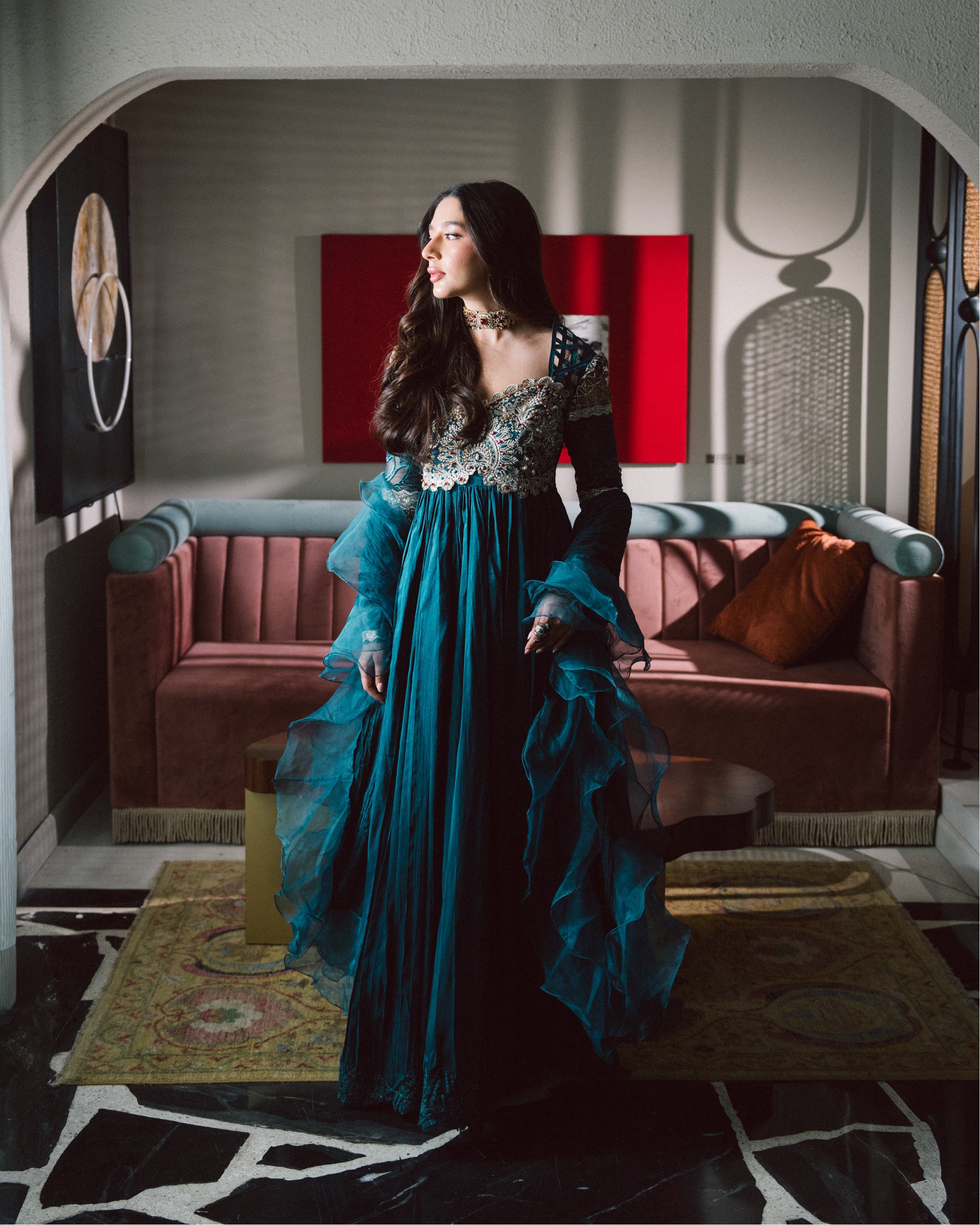 Teal Embroidered Chiffon & Net Gown (3-Piece) - Image 1