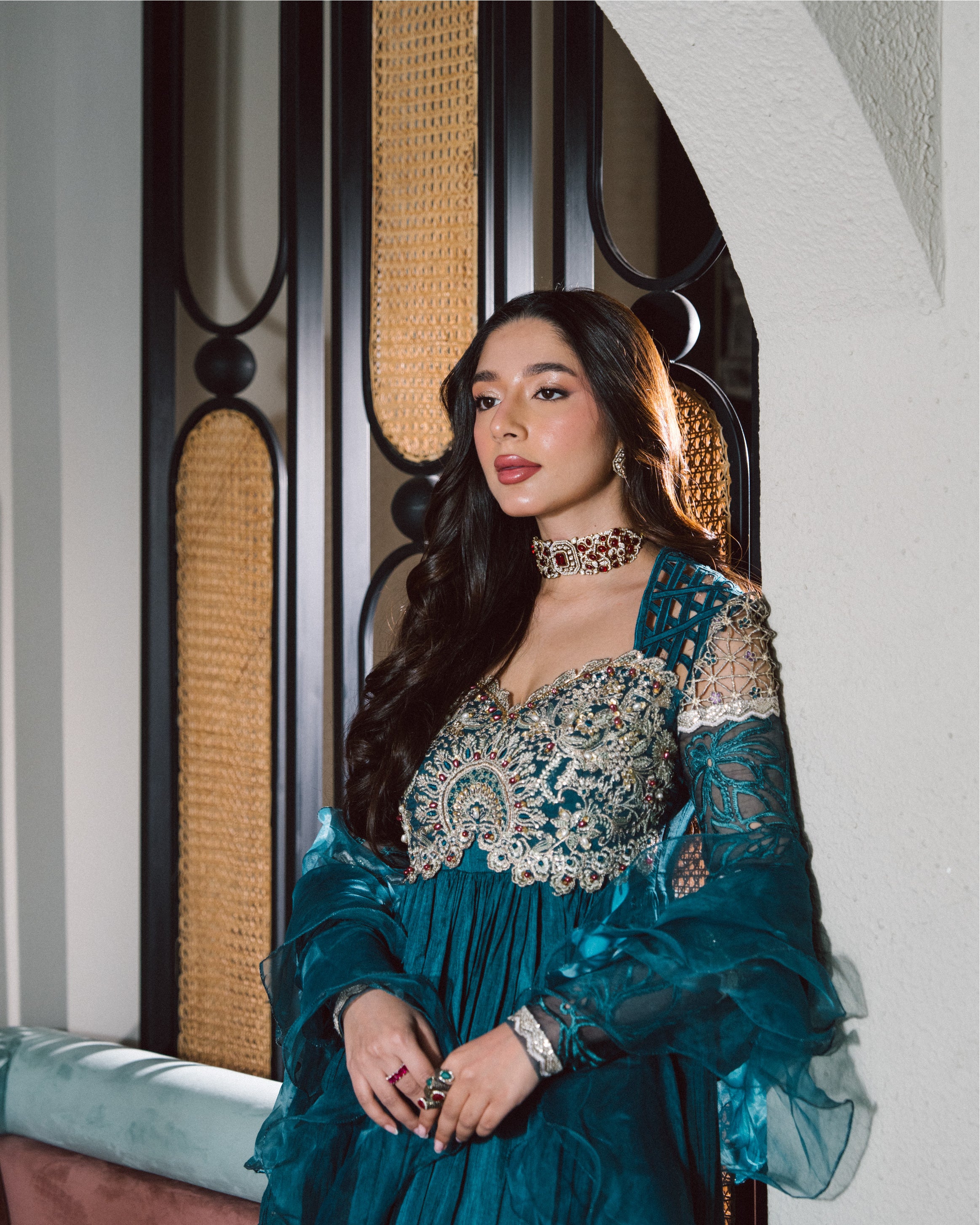 Teal Embroidered Chiffon & Net Gown (3-Piece) - Image 2