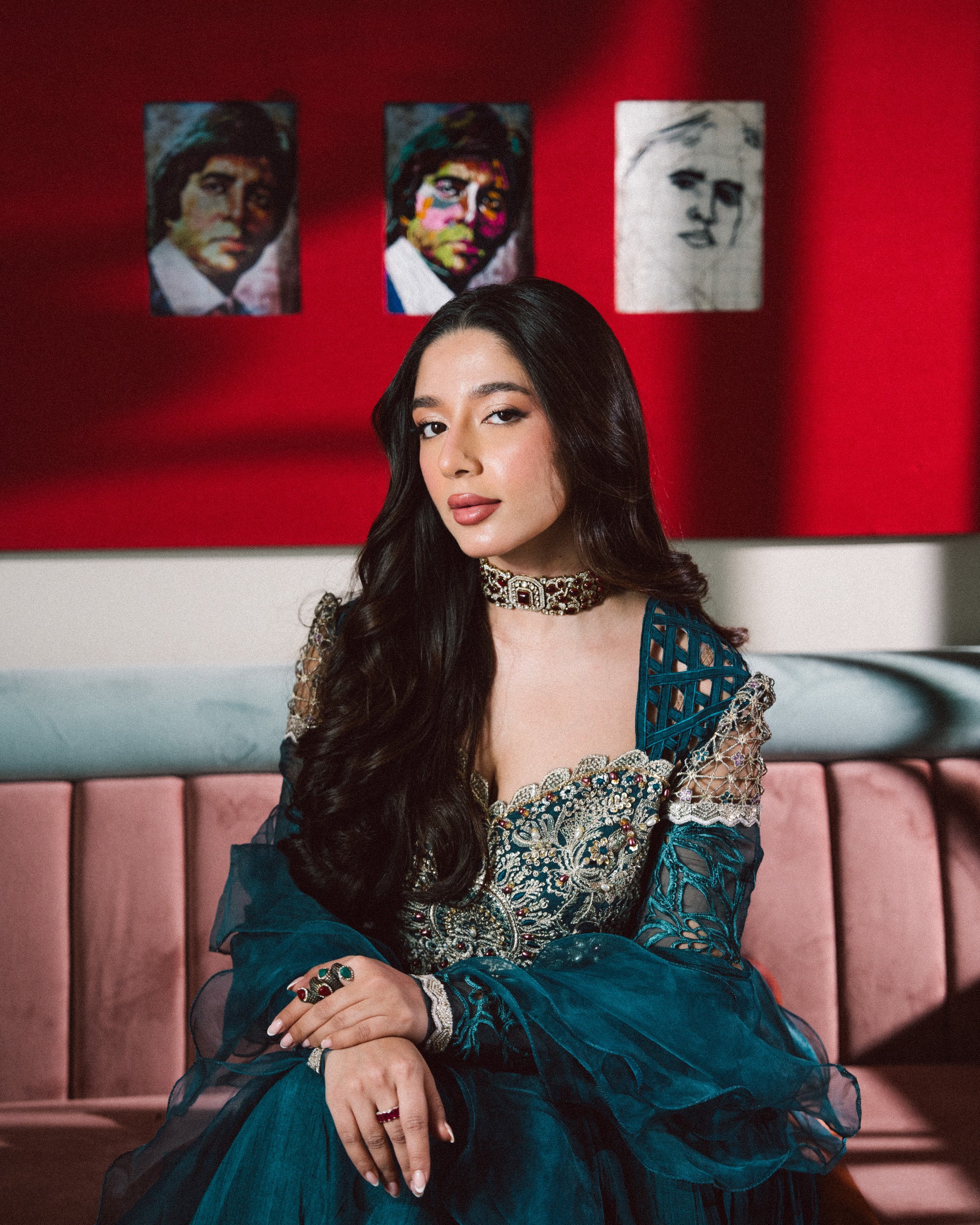 Teal Embroidered Chiffon & Net Gown (3-Piece) - Image 3