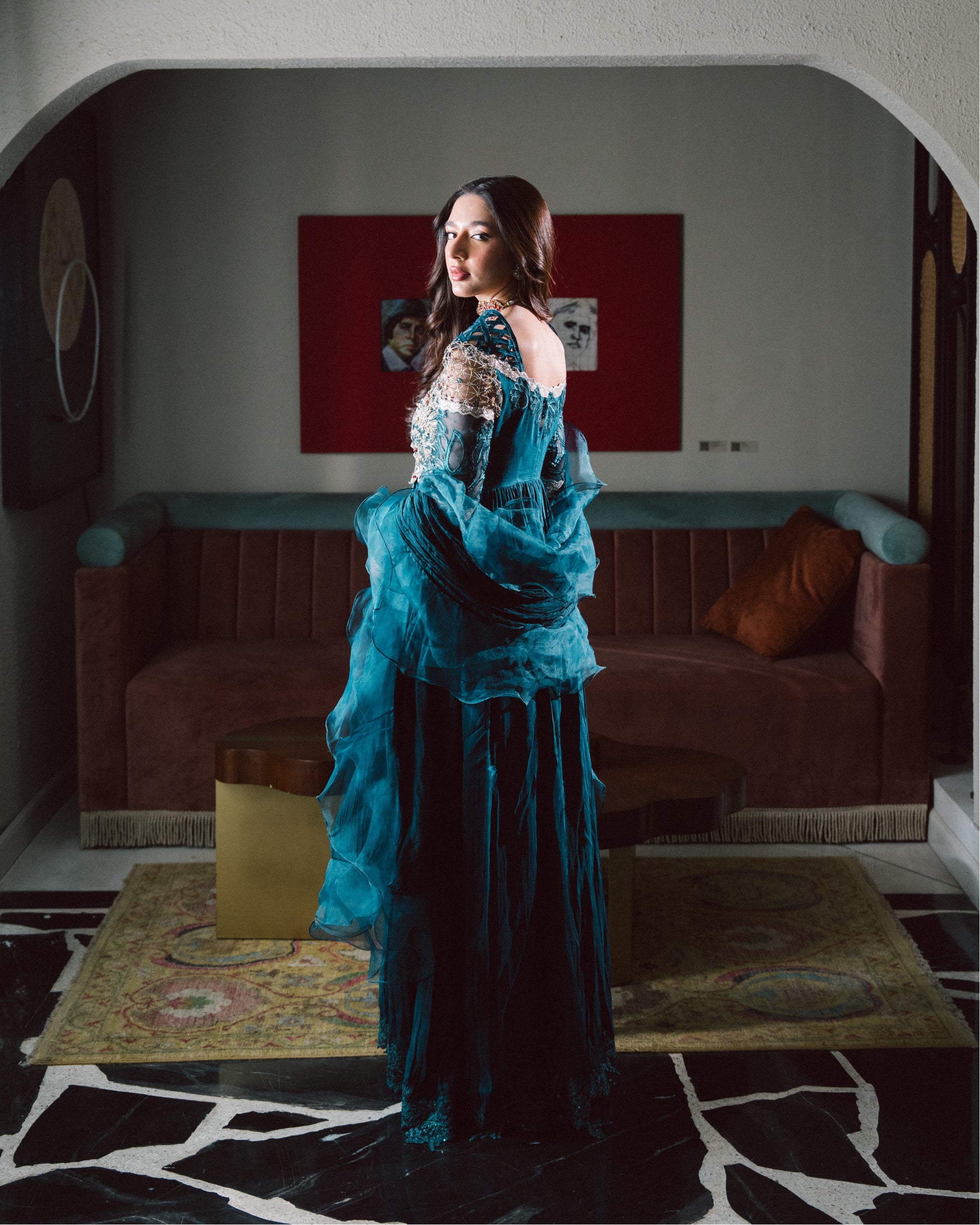 Teal Embroidered Chiffon & Net Gown (3-Piece) - Image 5