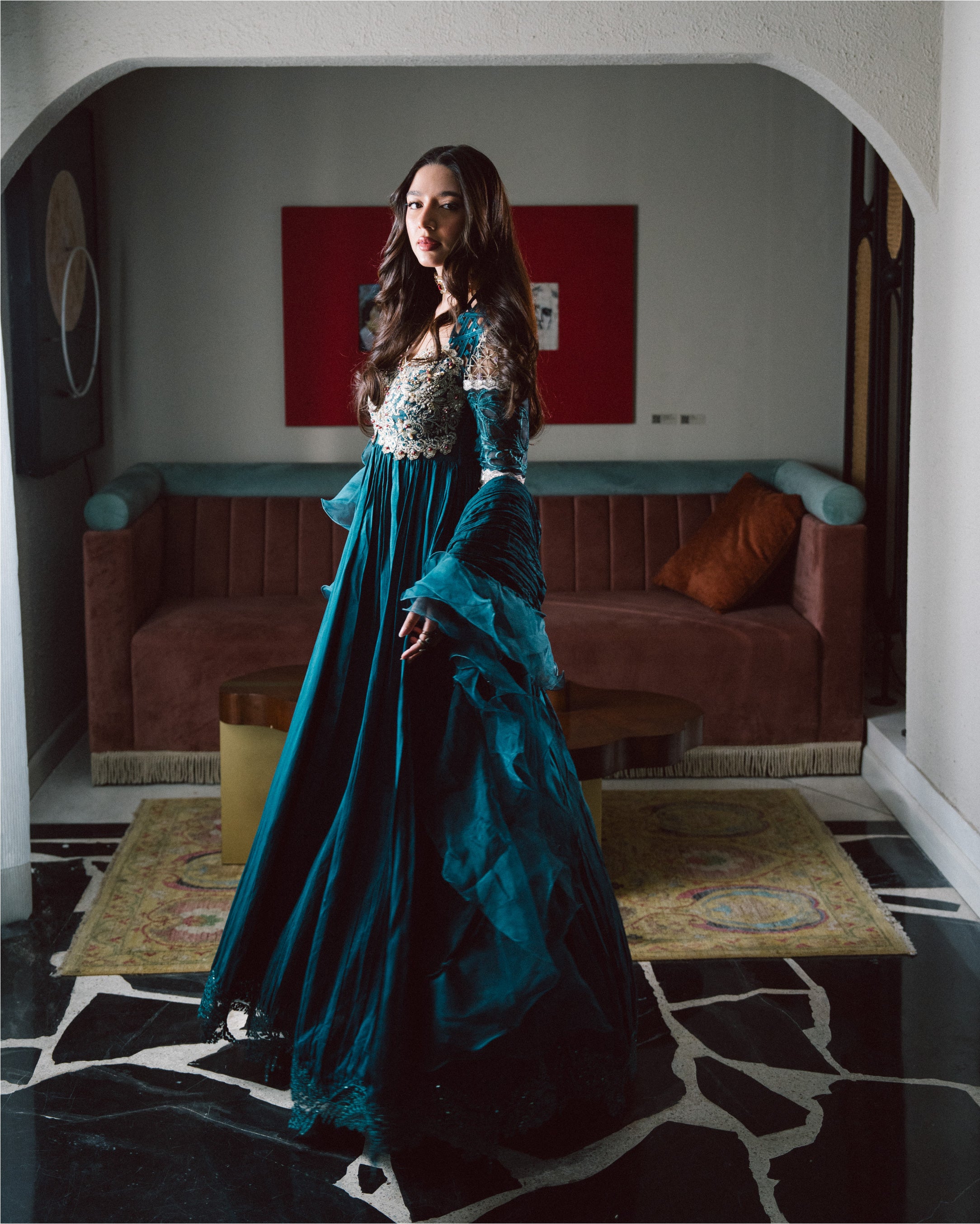 Teal Embroidered Chiffon & Net Gown (3-Piece) - Image 6