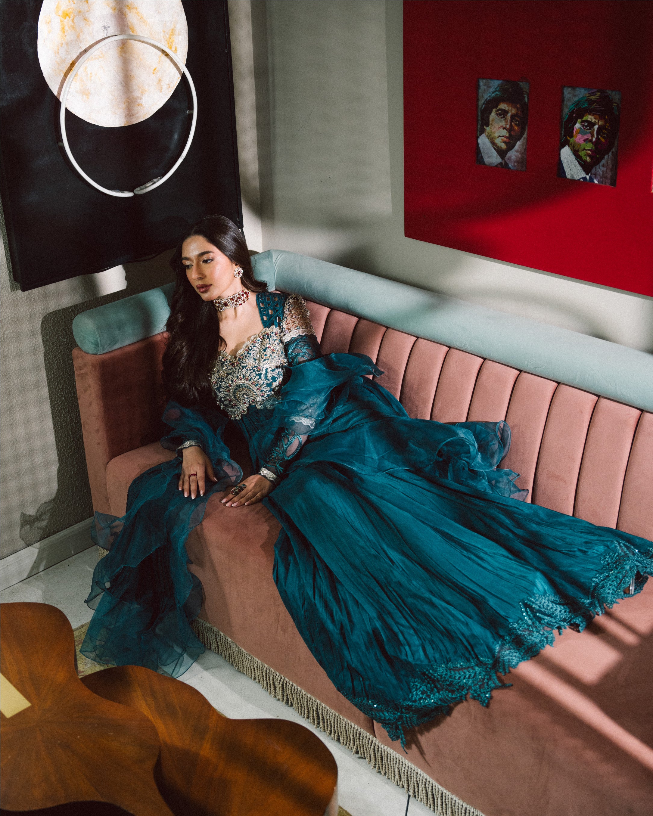 Teal Embroidered Chiffon & Net Gown (3-Piece) - Image 7