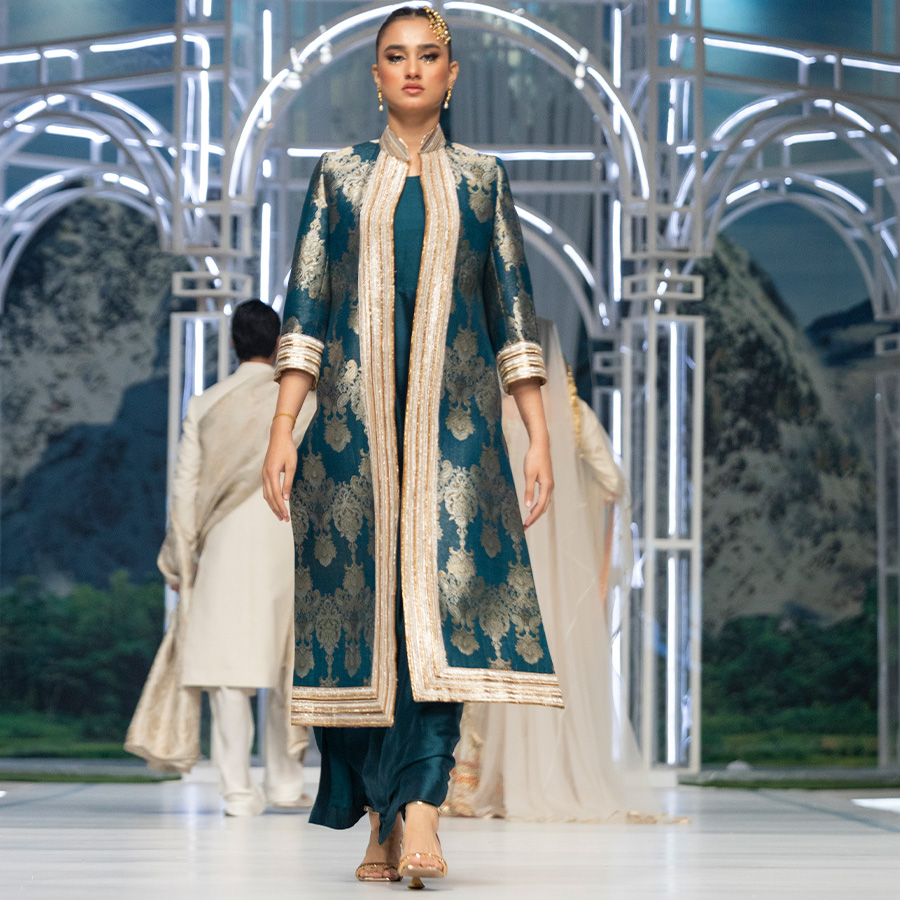 Royal Teal Gota Kimkhaab Jacket Silk Gown (3-Piece) - Image 1