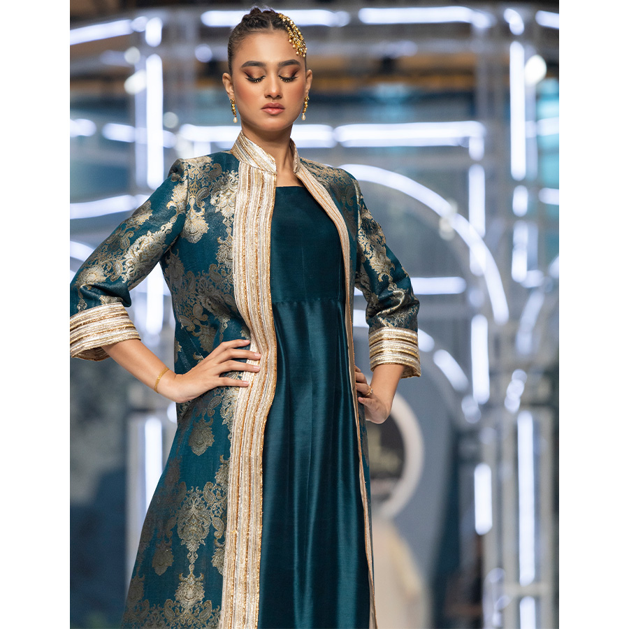 Royal Teal Gota Kimkhaab Jacket Silk Gown (3-Piece) - Image 2