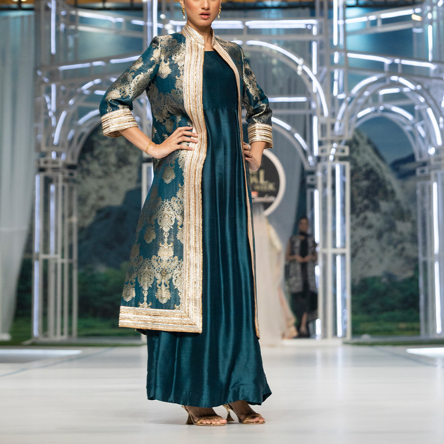 Royal Teal Gota Kimkhaab Jacket Silk Gown (3-Piece) - Image 3