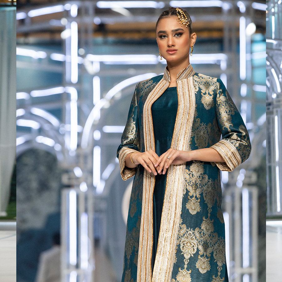 Royal Teal Gota Kimkhaab Jacket Silk Gown (3-Piece) - Image 4