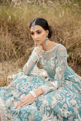 Pakistani Teal Blue Hand-Embellished Net Gown (3-Piece) - Image 4