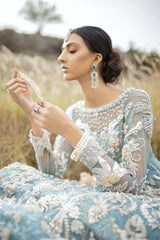 Pakistani Teal Blue Hand-Embellished Net Gown (3-Piece) - Image 6